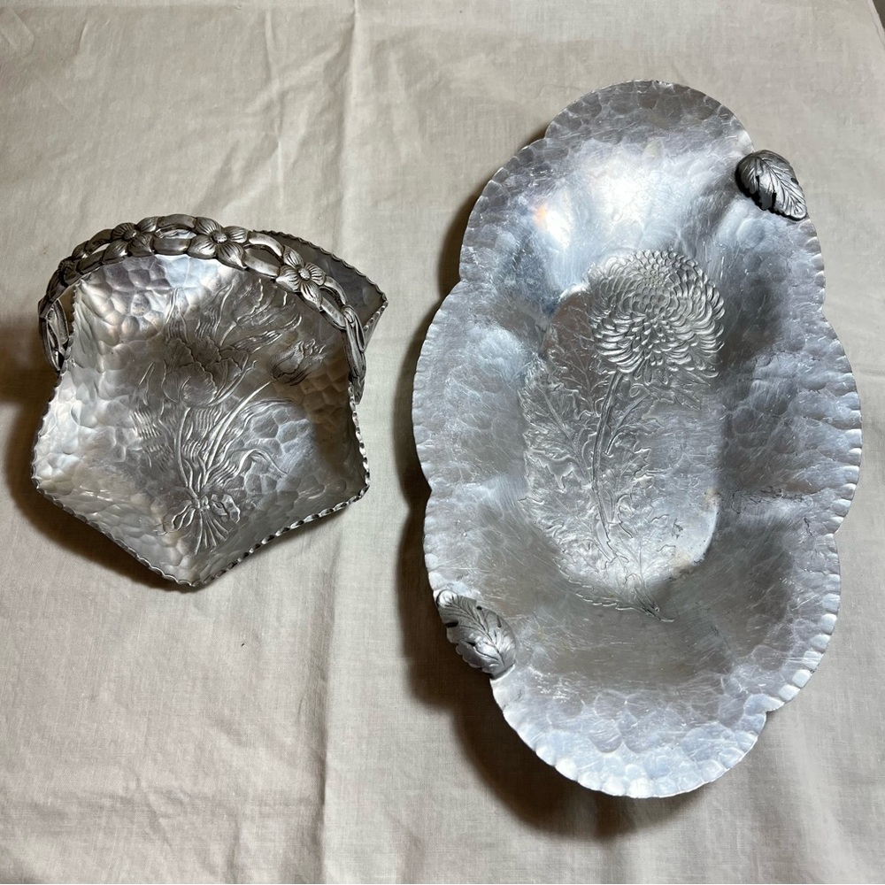 Vintage Hand Wrought Creations tray & basket w/ flower etching Rodney Kent 50’s